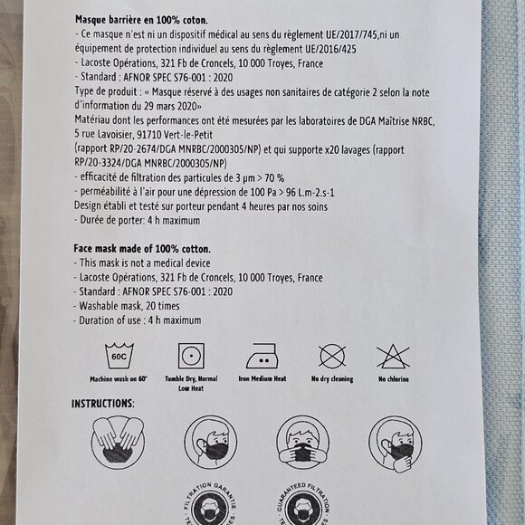 NIP LACOSTE Light Blue Pique Cotton Ear Loop Face Mask Unisex One Size OS - Picture 4 of 5